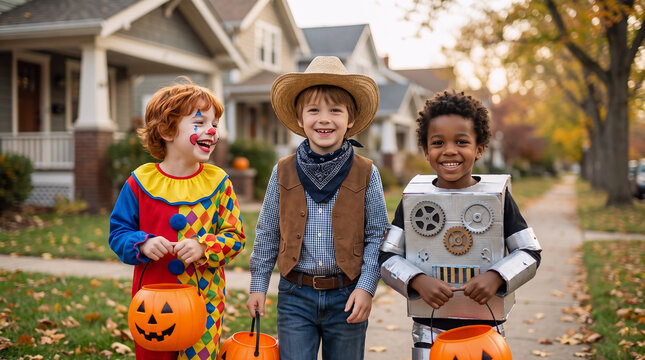 Three boys in clown, cowboy and robot costumes carrying pumpkin buckets while trick or treating in an autumn suburban neighborhood