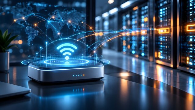 Modern wireless router emitting glowing blue wifi signal rings on a desk in a futuristic server room with digital world map representing global internet connectivity