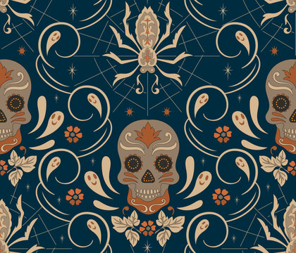 Halloween Skull and Spider Pattern with Ghosts on Navy. Vintage seamless ornament with decorative sugar skulls and cobwebs. Gothic vector illustration for wallpaper and seasonal textiles.