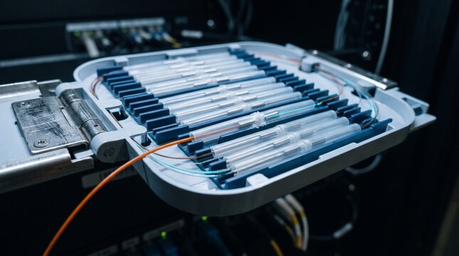 Fiber optic splice tray mounted securely inside a telecommunications server rack in a data center room.