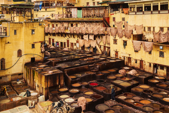 Chouara Tannery with leather processing vats in fes Morocco