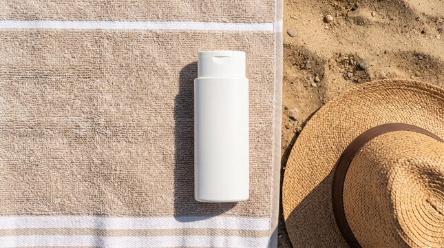 White sunscreen bottle and straw hat on a towel on sand