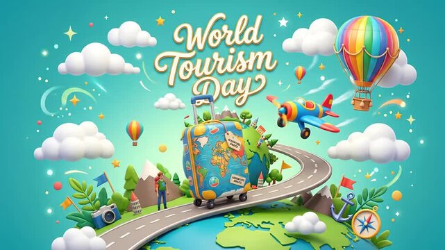 Animated world tourism day concept featuring travel suitcase and globe