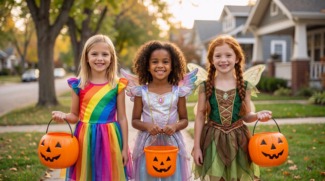 Three girls in rainbow, fairy and woodland elf costumes carrying pumpkin buckets while trick or treating in an autumn suburban neighborhood