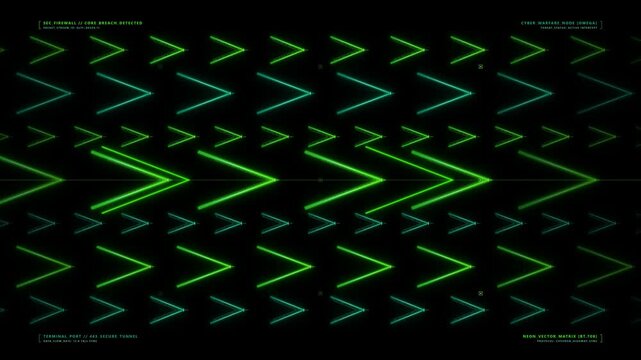 Dynamic abstract background loop featuring vibrant neon green and teal chevron arrows expanding and contracting in a symmetrical grid pattern on a dark screen, creating a futuristic digital data st...