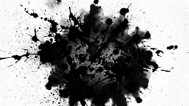 Black ink splash spreading dynamically on white textured paper surface