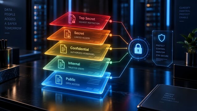 Holographic 3D digital layers displaying data classification levels from public to top secret with padlock icon representing cybersecurity and information access control