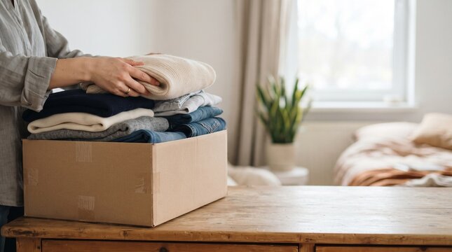 Person folding clean laundry into a cardboard box indoors