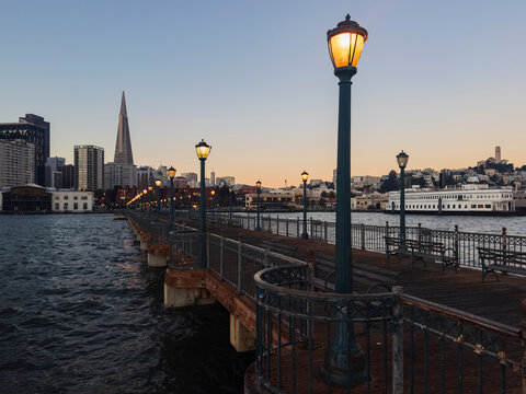 Pier at embarcadero waterfront in San Francisco at dusk