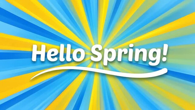 Motion graphic background with blue and yellow sunburst rays and white seasonal text greeting spring season