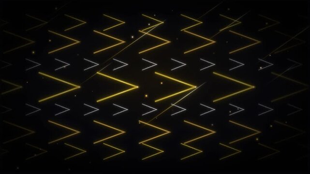 Dynamic abstract background loop features luminous golden and white chevron patterns moving horizontally across a dark digital space, creating a futuristic, energetic, and modern technology aesthet...