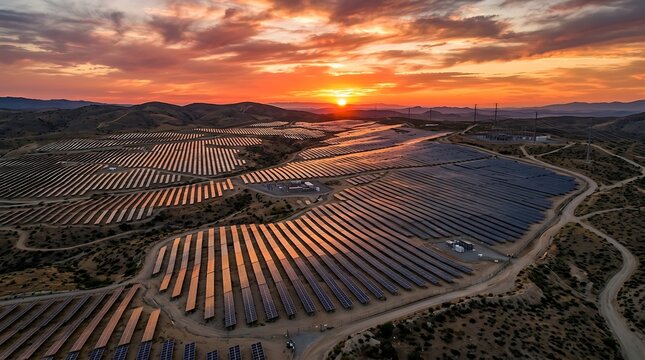 Aerial view of a large solar farm in a desert landscape during a dramatic sunset with photovoltaic panels arranged