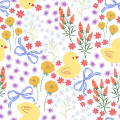 Fototapeta premium Seamless pattern ribbon with chicken and wildflower motif cute doodle on white