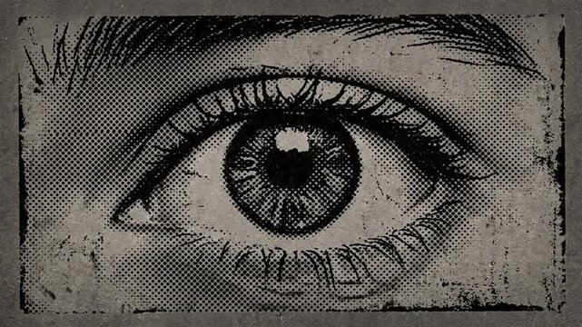 Vintage halftone comic book style eye opening animation retro print effect