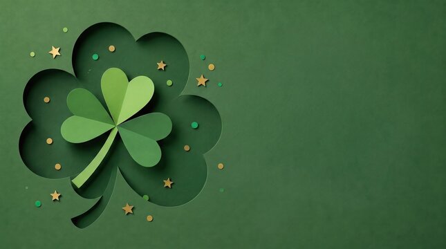 Paper shamrock with confetti scattered around on a green background