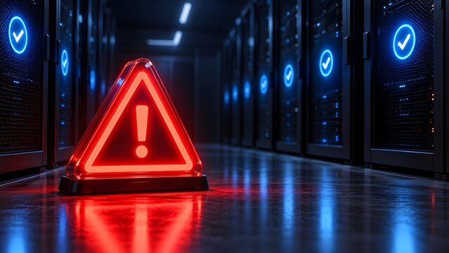 Red Exclamation Mark Warning Sign in Server Room with Blue Lights