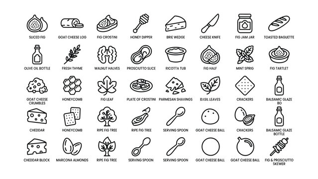 Collection of Black and White Icons Showing Various Cheese Figs Honey and Bread Food Items with Serving Tools