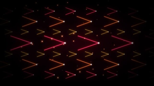 Vibrant red and orange neon chevron patterns pulse and expand rhythmically across a dark, abstract digital background with shimmering particles, creating a modern, energetic, and futuristic graphic...