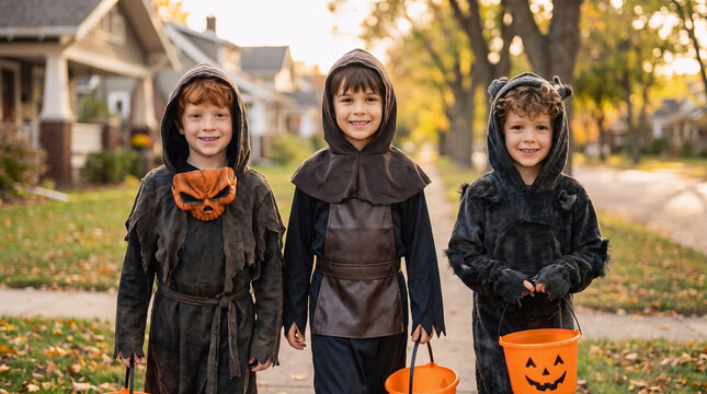 Three boys in pumpkin monster, medieval monk and bear costumes carrying pumpkin buckets while trick or treating in an autumn suburban neighborhood