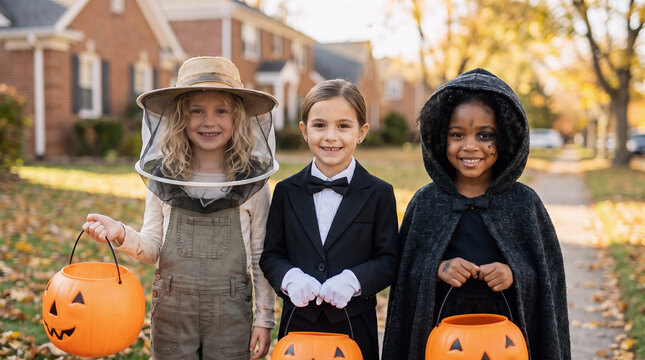 Three children in beekeeper, tuxedo and hooded mystery costumes carrying pumpkin buckets while trick or treating in an autumn suburban neighborhood