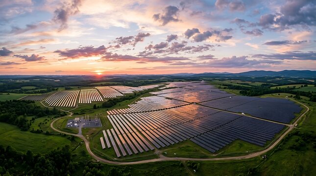 Aerial view of a large solar farm with rows of photovoltaic panels at golden sunset with reflecting sunset rural