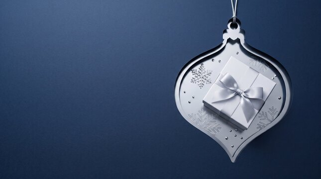 Silver Christmas ornament holding a white gift box with ribbon against a dark blue background