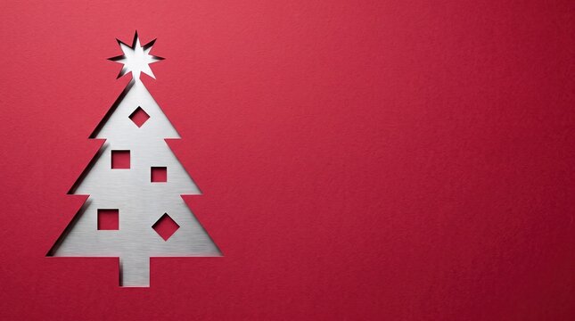 Silver Christmas tree cutout on vibrant red background with copy space for festive design