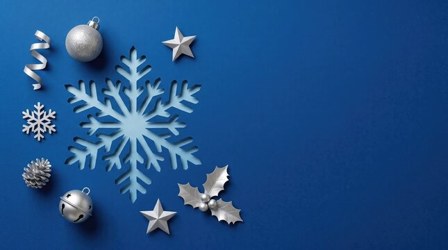 Silver Christmas ornaments and snowflake stencil on a deep blue background with copy space