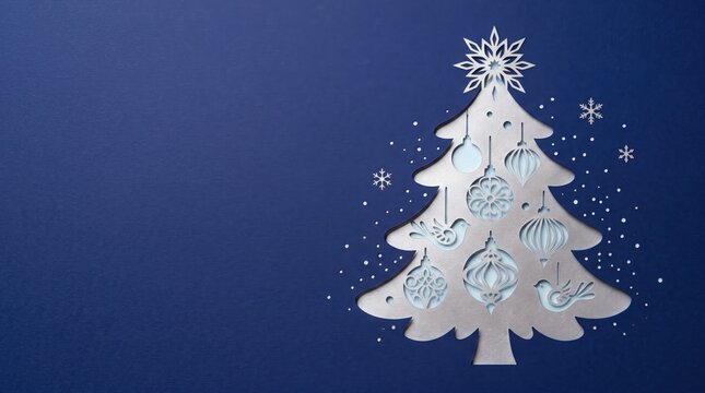 Silver Christmas tree cutout with ornaments on navy blue background with snowflakes