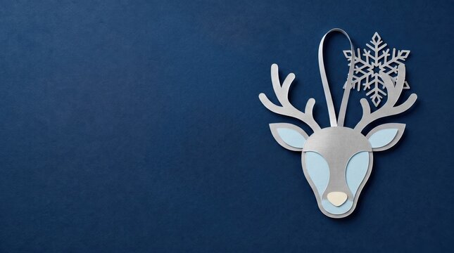 Silver reindeer ornament with snowflake detail against a deep blue textured background