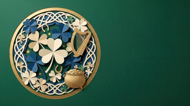 St Patrick's Day papercraft mandala with shamrocks harp and pot of gold on green
