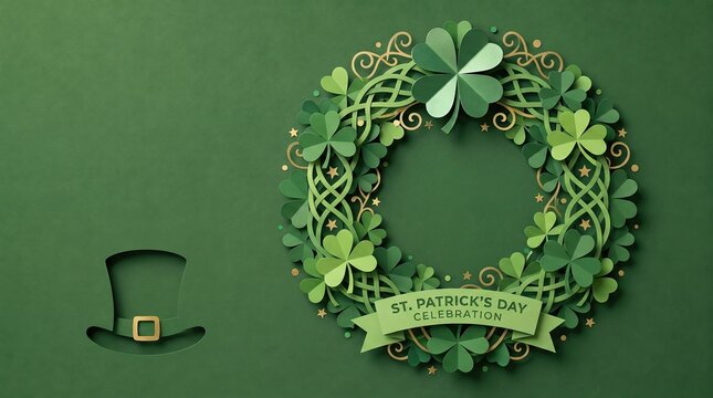 St. Patrick's Day paper wreath with hat against a green background with copy space
