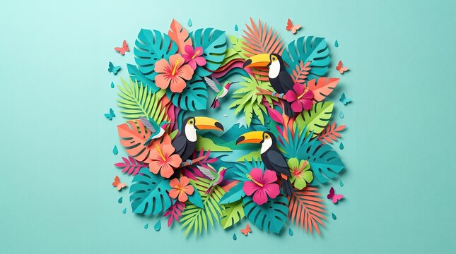 Three toucans perched amongst tropical foliage and vibrant flowers with butterflies fluttering around