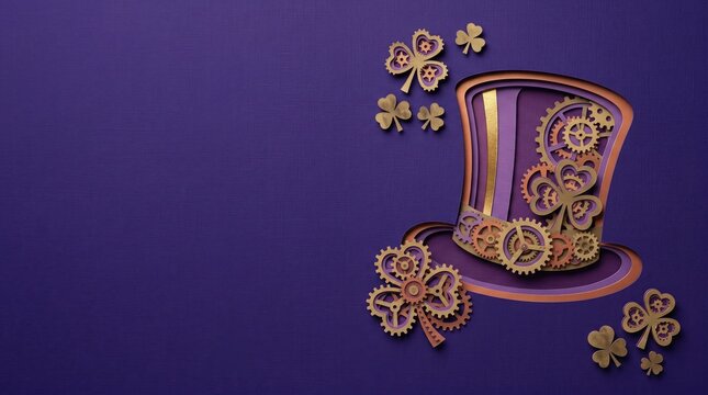 Steampunk top hat with clover embellishments against a purple background