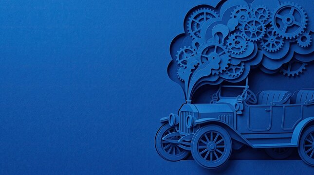 Vintage automobile with intricate gears emerging from exhaust during a blue papercraft construction