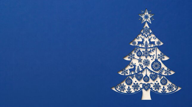 White cutout Christmas tree with festive ornaments on a blue background