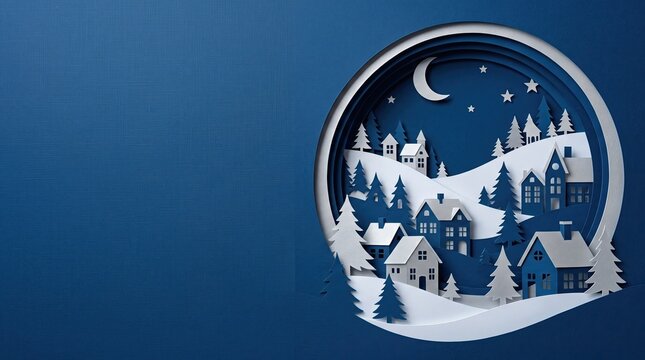 Winter village landscape with crescent moon and stars during night in layered paper craft style