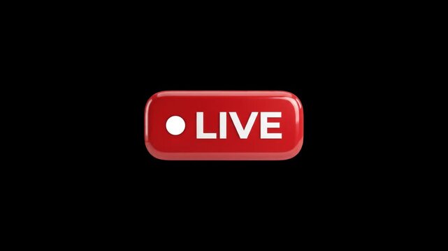 3D Glossy Red Live Stream Button With Blinking White Record Indicator on Transparent Alpha Channel