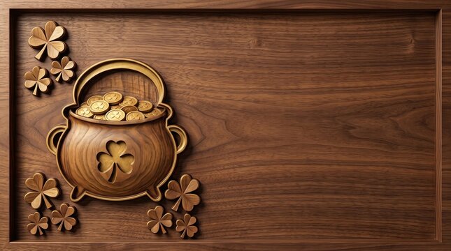 Wooden pot of gold coins and shamrocks carved into textured wood background