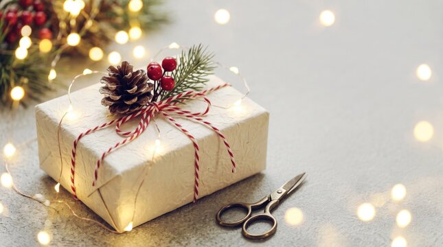 Wrapped gift with pinecone and berry garnish during soft bokeh lights celebration