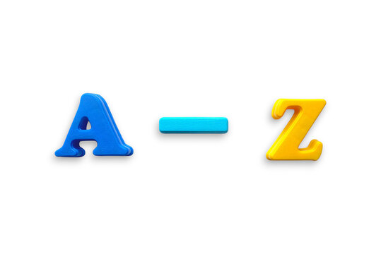 Bright 3D blue A and yellow Z separated by a cyan dash on a white background, evoking alphabet sequence, education, typography and playful learning with strong color contrast and minimal design.