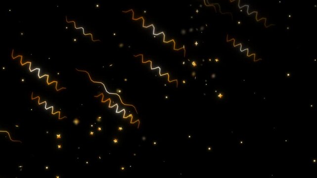 Dynamic abstract golden and white shimmering zig-zag and wavy lines with glowing stars and glittering particles falling diagonally across a deep black background, creating an elegant, festive, and...