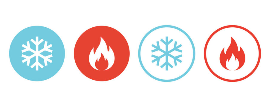 Set of blue and red icon circles representing hot and cold with flames and snowflakes