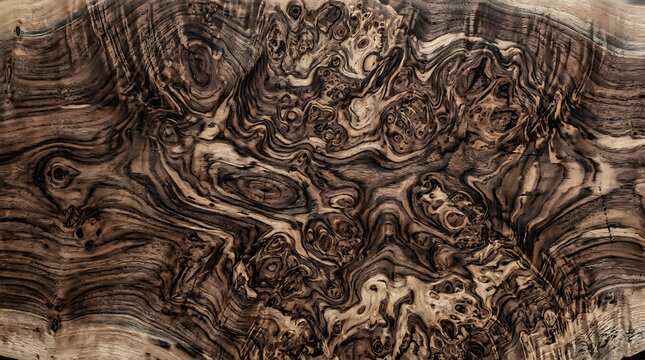 Detailed view of polished natural walnut wood burl showing intricate swirling grain with patterns decorate surface