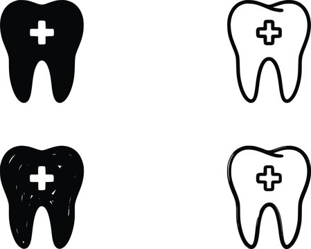 Set of dental medical icons with teeth and plus signs