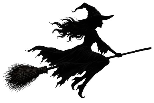 Witch silhouette flying on broomstick