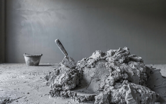Mortar Cement mix with rough on construction concrete floor and trowel mixing prepare plaster concrete Portland wall room house site background and bucket with space blank for design text presentation