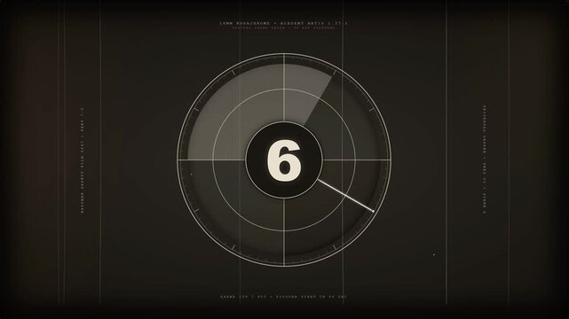 Vintage film countdown timer from 8 to 2 in sepia tone, mimicking an old movie projector with flickering light, dust, scratches, and a circular scanning line on a dark background, creating a nostal...