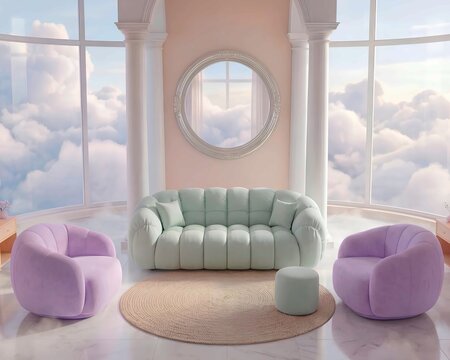 Dreamy pastel cloud living room interior with mint green tufted sofa, lavender armchairs, round mirror, and arched windows in heavenly sky setting for fantasy design concepts