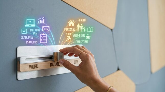 Person's hand pressing a button on a wall with icons representing work-life balance zones while working from home